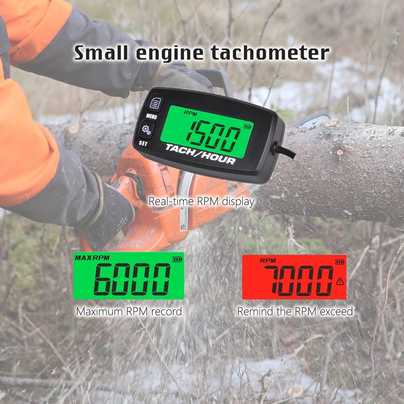 HonorMeet Digital Tachometer for Small Engines, Green and Red Backlight,