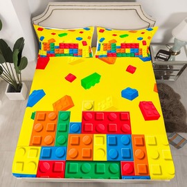 Feelyou - Juego de sábanas bajeras con estampado de bloques de construcción, tamaño queen, estilo ladrillo, para niños, adolescentes, juego de sábanas coloridas, juego de sábanas amarillas, decoración