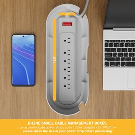 D-Line D-Line Cable Management Box, Power Strip Holder, Floor Outlet Hider, Desk Cord Organizer, Cover TV Wires, 12.75" (L) x 5" (W) x 4.5" (H), for use with Power Strips up to 10.5in Length - Small, White