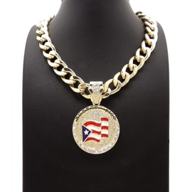 Fashion 21 Puerto Rico Flag Pendant 11 mm 18, 20 inches Cuban Chain Necklace (Gold, 18)
