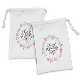 Ambesonne Valentines Day Fabric Pouch Set of 2, Floral Flowers Buds Roses Tulips Circled Frame Valentine Hearts, Small Drawstring Bag for Toiletries Masks and Favors, 9" x 6", White and Black