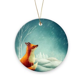 Fox on A Snowy Night Christmas Ornaments Ceramic Christmas Tree Decorations Durable Round Hanging Ornament 2.95in