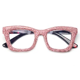 bullabulling Oprah style Bling Rhinestone Square Reading Glasses For Women Shiny Diamond Blue Light Blocking Eyeglasses Z05 (pink, 1.75, x)