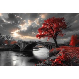 Fun Jigsaw Puzzle for Adults 500 Pieces Black and White Bridge and Red Tree Wall Art Wooden Puzzles Best Brain Exercises Educational Gift