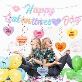 Happy Galentines Day Decorations, Pre-Assembled Colorful Glitter Happy Galentines Day Banner and 8pcs Heart Hanging Swirls, Galentines Day Party Decorations