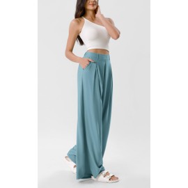 ODODOS Chiffon Flowy Pleated Wide Leg Pants for Women Lightweight High Waist Trouser with Pockets-29 Inseam, Brittany Blue, X-Small