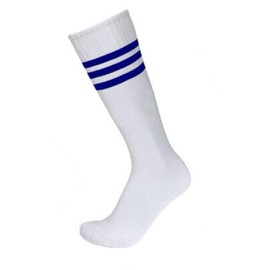 4pk of Stripe Socks Football Sports Stretchy Compression Non-slip Knee High Tube Soccer Athletic Long Multi color Stripe design for Men Women Teens unisex (White-Blue)
