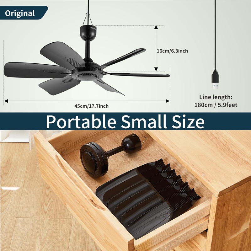 bestmoument 17.7" Inch Small Portable Ceiling Fan, USB Plug In,