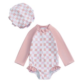 NANYKNIGHTY Baby Girl Rash Guard Swimsuit Long Sleeve Checkered Zipper Bathing Suit Infant One Piece Swimwear (Pink, 6-12 Months)