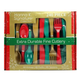 Nicole Fantini Plastic Silverware Heavyweight Combo, Disposable Flatware Red/Green/Gold Cutlery 240 pieces 80 of each Forks, Knives, Spoons