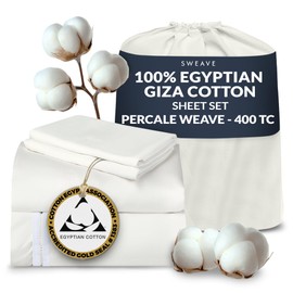 Sweave 100% Egyptian Cotton Percale Sheets Queen Size - Genuine Luxurious 400 Thread Count - Naturally Crisp, Breathable, Skin-Friendly & Cooling - Softer After Each Wash - Oeko-TEX Certified Giza
