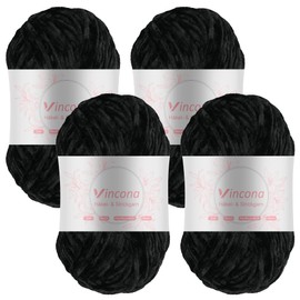 Vincona Chenille Yarn 4 x 100g Super Soft Chunky Yarn for Knitting and Crochet Yarn Clothes, Handbag, Shoes Hats Sweaters Blankets Scarves，DIY- Ideal for Beginners Adults Black