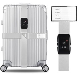 Cross Luggage Straps Set TSA Approved with Lock Adjustable Travel Suitcase Belts Suitcase Tags with Name ID Card Packing Straps for Suitcases Strap Travel Accessories (Silver Gray)