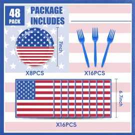 48Pcs 4th of July Decorations Red White and Blue Paper Plates and Napkins Forks Set Party Supplies Serve 16 Fourth of July Decorations for Memorial Day Independence Day Patriotic Decors