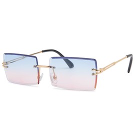 Rectangle Sunglasses for Men/Women Small Rimless Square Shade Eyewear (Blue Pink)