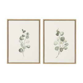 Kate and Laurel Sylvie Eucalyptus Framed Linen Textured Canvas Wall Art Set by Maja Mitrovic of Makes My Day Happy, 18x24 Natural, Sophisticated Botanical Art for Wall