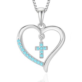 Vesitim Heart Pendant Necklace 18K White Gold Plated Sterling Silver Cross Necklace Created Aquamarine Jewelry