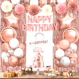KatchOn, Rose Gold Birthday Decorations Set - Pack of 47 | Rose Gold Fringe Curtain, Happy Birthday Decorations Rose Gold Balloons | Happy Birthday Banner, Rose Gold Birthday Decorations for Women