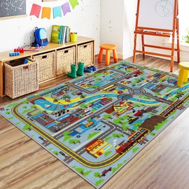 Capslpad Kids Rug for Playroom 3'3" x 5'2" Educational Learning Kids Play Area Rug Large Traffic Road Cars Rug Play Mat for Kids Toy Nursery Rug Kids Car Carpet for Living Room Home Decor, Sky Blue