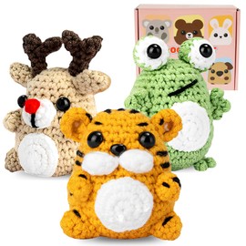 3Pcs Crochet Kit for Beginners,Ergonomic Adorable Animal Crochet Starter Pack with Yarn Stuffing and Keychain,DIY Crochet Craft Kit with Step-by-Step Instructions and Video Tutorials,Crochet Starter Pack for Adults (3pcs)
