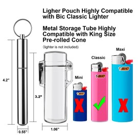 Lighter Case&Airtight Aluminum Metal Storage Tube Set,Waterproof Aluminum Container + Durable Lighter Pouch,Travel Kit for Hiking,Outdoor Use (Clear)