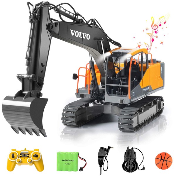 DOUBLE E Volvo RC Excavator 17 Channel 3 in 1 Construction Toys, Remote Control Vehicles Tractor Sandbox Toys Digger with Metal Shovel Drill Grab RC Truck for Kids Adults