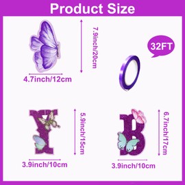 Purple Glitter Butterfly Happy Birthday Banner, Sparkling Fairy Garden Themed Decorations, Colorful Hanging Paper Butterflies Garland, Wall Bunting for Kids Girls Womens Babies Party Supplies