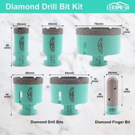 LEKOMESH Diamond Core Drill Bits Set 6pcs Tile Hole Saw Kit for Porcelain Tile Ceramic Marble Brick Concrete with 5/8-11 Thread(25/35/50/65/75mm+20mm Finger Bit)