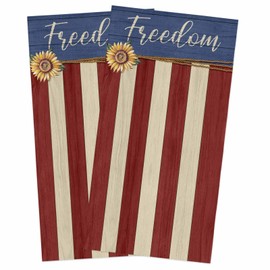 Independence Day Kitchen Towels Red White Striped on Wood Dish Towels-2 Pack,Highly Absorbent Tea Towel with Hanging Loop, Vintage Freedom Quotes Soft Hand Towels for Drying and Cleaning Dishes