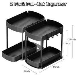 Ukeetap Multi-Purpose Pull-Out Storage Organizers, Under Sink/Cabinet Organizers and Storage for Bathroom & Kitchen, Black, 12.8 Inches, 2 Packs