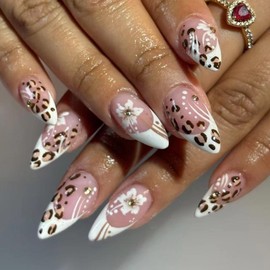 MISUD Almond Press on Nails Medium Fake Nails Glossy Glue on Nails Cheetah Acrylic Nail Supplies Stiletto Artificial Nail Art White French Tip Stick on False Nails with Flower Design DIY 24 pcs