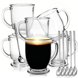 YIMITEE 6 Pack Glass Coffee Mugs with 6 Spoons, 15 OZ Clear Drinking Glasses with Handle, Large Espresso Cup, Hot Cold Beverage Glassware Set for Water, Tea, Cappuccino, Latte, Juice, Cocoa, Milk