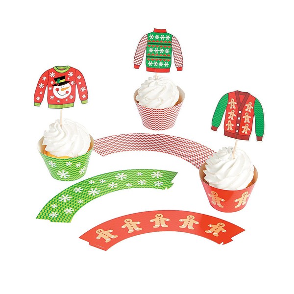Fun Express - Ugly Sweater Cupcake Collars W/ Picks for Christmas - Party Supplies - Serveware & Barware - Misc Serveware & Barware - Christmas - 100 Pieces