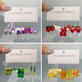 GIFIKOI 30-40 Pairs Weird Cute Funny Earrings Gummy Bear Duck Mushroom Fruit Flowers Drop Dangle Earrings for Women Aesthetic Earrings Food Animal Earrings Bulk, Metal Paper Acrylic, Cubic Zirconia