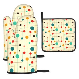 Mid Century Modern Atomic Retro Oven Mitts and Pot Holders Sets of 3 Heat Resistant Yellow Hot Pads Oven Gloves for Kitchen Cooking BBQ Baking
