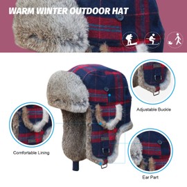 Kurhatic Winter Trapper Hat, Warm 100% Rabbit Fur Aviator Hat, Russian Trooper Hunting Ski Hat with Ear Flaps for Men & Women 2XL Red Blue
