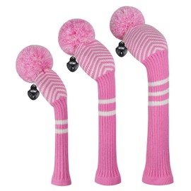 Scott Edward Knitted Golf Club Head Covers for Woods 3Pcs Set Golf Driver (460CC) Fairways and Hybrid/UT with Rotating Number Tags(Pink Diagonal Stripes)