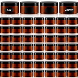 Uiifan 48 Pcs 8 oz Plastic Cosmetic Jars with Lids and Labels Empty Refillable Cosmetic Leak Proof Containers Lotion Jars for Cream Body Butters Powder Ointment Lip Scrub (Amber)
