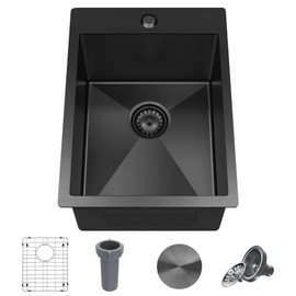 15 x 20 Inch Drop In Bar Sink Black, 15 Inch Small Kitchen Sink 18 Gauge Single Bowl Topmount Stainless Steel Wet Bar Sink with Basket Strainer Drain & Bottom Grid
