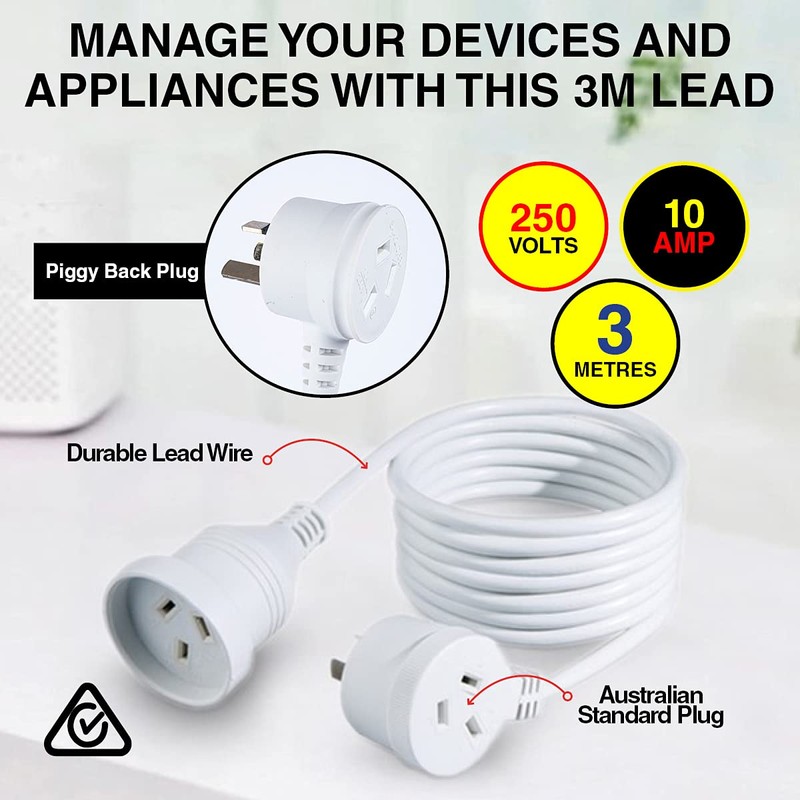 SAS Electrical 2400W Piggy Back Extension Lead, 3 Meter Length,