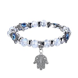 Zeshimb Evil Eye Hamsa Bracelet Crystal Beaded Fatima Hand Bracelet Stretch Sideway Blue Eye Hamsa Hand Bracelet Turkish Lucky Evil Eye Bracelet Jewelry for Women and Men