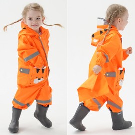 Kids Toddler Rain Suit for boys girls One Piece Hoodie Zipper Cute Cartoon Tiger Waterproof Rain Jacket 5-7 years L Size