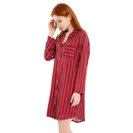 Femofit Satin Nightgown for Women Long Sleeve Button Down Nightshirt Striped Pajama Top Soft Sleepwear Sleepshirt (Wine Red, L)