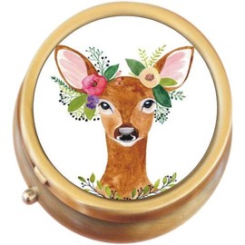 Doe Deer Flowers Brass Round Pill Box