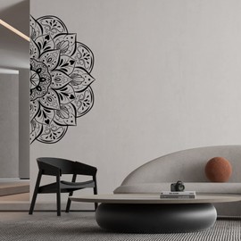 Boho Half Mandala Wall Decal Indian Big Flower Wall Sticker Peel and Stick Removable Headboard Wall Decals Decor Meditation Wall Art Murals Sticker for Living Room Bedroom Yoga Room TV Sofa Background