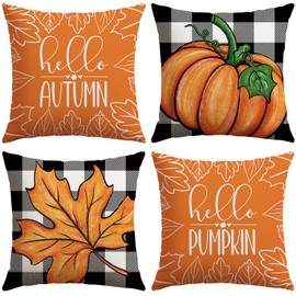 Artscope Fall Decorative Throw Pillow Covers 16x16 Inch Set of 4 Fall Gifts for Home Decor, Buffalo Plaid Autumn Pumpkin Maple Leaves Harvest Decoration Pillow Cases for Home Sofa Couch Decor-Orange A