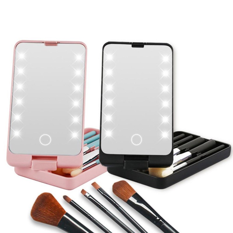 LED Lighted Makeup Cosmetic Mirror with Makeup Brushes Travel Folding
