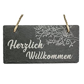 Spruchreif Slate Board with Engraving "Herzlich Willkommen" | Slate Door Sign with Cord for Hanging | Perfect Welcome Sign