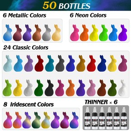 FansArriche Airbrush Paint, 44 Colors with 6 Thinners Acrylic Air Brush Paint Set, Ready to Spray Water-Based Opaque & Neon & Iridescent Acrylic Paint for Beginners, Artists, 20 ml/Bottle