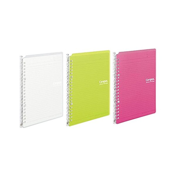 Kokuyo Campus Easy-Carry Slim Binder "Smart-Ring" A5 20-Ring Set of 3 (Vivid Pink, Green & Clear, A5)